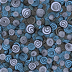 Vector seamless pattern with hand drawn abstract circles, curl, spural on white background. Colored doodle illustration
