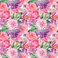 Seamless pattern. Hand-drawn lilac, lily and rose flowers. Watercolor illustration, digital paper