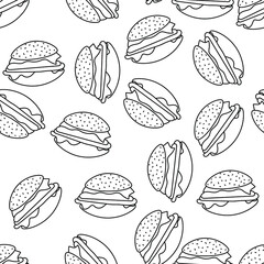 Seamless background with Cheeseburger or hamburger. Fast food. Vector background wrapping paper, menu design and more.