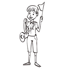 The tourist guide with a megaphone conducts a tour. Hand drawn cartoon vector illustration