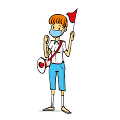 The tourist guide with a megaphone conducts a tour. Hand drawn cartoon vector illustration