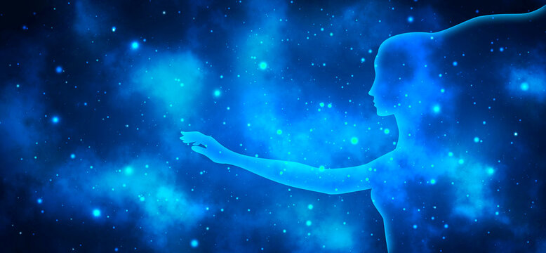 Fototapeta Female transparent profile silhouette with outstretched hand on a background of blue shining starry universe