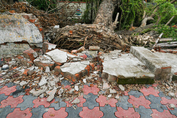 Super cyclone Amphan uprooted tree and the force broke the pavement. Tree fell and blocked pavement. The devastation has made many trees fall on ground. Shot at Howrah, West Bengal, India.