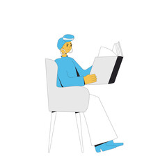 Woman sitting with book isolated on white background. Literature fan. Books lover. Young woman reading a novel. Vector illustration.