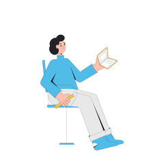 Young man sitting with book isolated on white background. Literature fan. Books lover. Teenager reading a bestseller. Vector illustration.