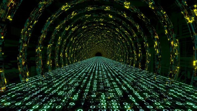 Tunnel of circular technology structures that slowly rotate around a floor composed by moving strips of light blue bits that change their status from 0 to 1 constantly as well as their light intensity