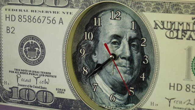 100-dollar bill in the form of a watch, on the background of the flag of the United States of America. Hyperinflation is coming. Time in dollars