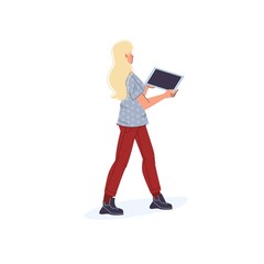 Vector cartoon flat character using mobile gadget tablet smartphone with empty blank screen - online education,social media,internet surfing concept ready to use in web online site design