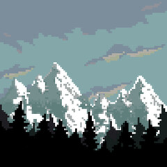 Pixel background with forest for games. Pixel art silhouette of forest and mountains. 8 bit Pixel art