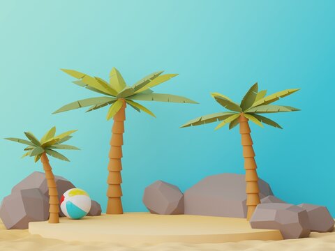 3d render of Abstract minimal  display podium for showing products or cosmetic presentation with summer beach scene. Summer time.
