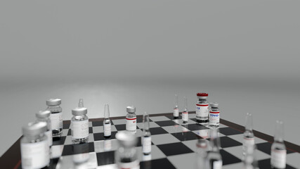 Coronavirus vaccine vials chess game illustration