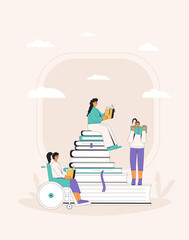 Teen girls with book. Literature fans. Vector color illustration.