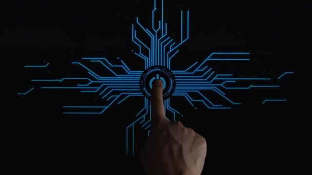 top view, Human Finger Pushes Touch Digital Power Button With Futuristic Artificial Intelligence Spreading Through Internet. Visualization Of Machine Learning, Computer Technology, Neural Network
