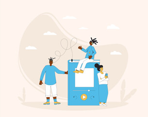 Young people listening to audiobook.  Teenagers and huge book with education app. Vector illustration
