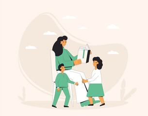 Mother reading a book for her children. Literature for children. Vector illustration.