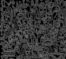Black and white cartoon pattern on black background, abstract design