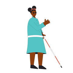 Blind young woman with stick. Girl with disability. Vector illustration