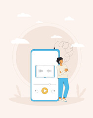 Young man listening to audiobook. Concentrated person and huge phone with education apps.