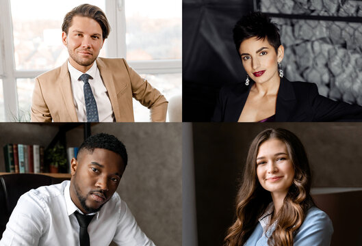 Diverse ethnicity collage. Caucasian and Afro American young millennial people headshots in collage collection.Mosaic of smiling multi ethnic freelancers, businessmen, students looking at camera. 