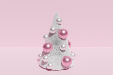 3d render of white artificial Christmas tree with pink and white baubles on a pastel pink background