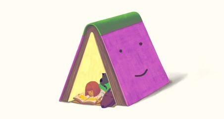 Concept art of education, imagination, fantasy painting, surreal artwork, happiness of child , conceptual illustration, A girl reading a book with a dog and a cat ,cartoon, character design
