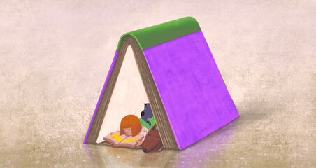 Concept art of education, imagination, fantasy painting, surreal artwork, happiness of child , conceptual illustration, A girl reading a book with a dog and a cat ,cartoon, character design