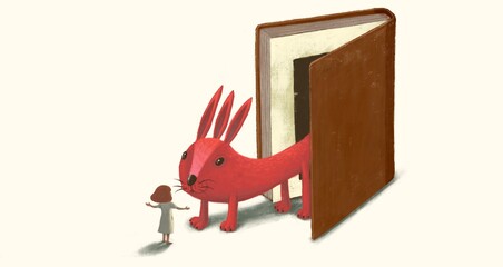 Concept art of education, imagination, fantasy painting, surreal artwork, happiness of child , conceptual illustration, The girl and the cute monster from the book