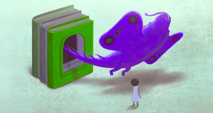 Concept art of Book ,education, imagination, fantasy cartoon painting, surreal artwork, happiness of child , conceptual illustration, kid with cute monster