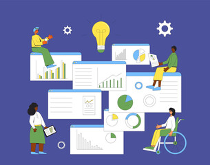 Female data scientists. Business analysis concept. Multicultural team with schemes and diagrams.  Financial researchers. Vector line art illustration.