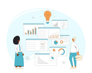 Business analysis concept. Managers with schemes and diagrams. Financial researchers. Vector line art illustration.