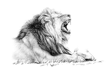 Hand drawn lion roar, sketch graphics monochrome illustration on white background - obrazy, fototapety, plakaty
