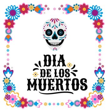 Day of the dead background with skull and flowers on white. Dia de los muertos mexican holiday template for flyer, poster, banner, greeting card. Colorful flat vector illustration typography card.