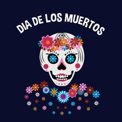 Dia de los Muertos greeting card with smiling women skull and flowers. Day of the dead design template in flat style. Vector illustration. Mexican holiday background, banner, poster, invitation etc