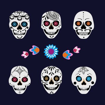 Sugar skull vector illustration. Set of cute skulls for Day of the Dead. Dia de los muertos mexican holiday or halloween decoration characters. Vector illustration