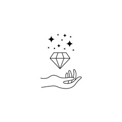 Boho hand drawn magic logo. Minimal bohemian mystic line hand hold diamond esoteric tattoo sign, vector illustration design