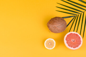 Beach accessories with shells and sea stars on a colored background