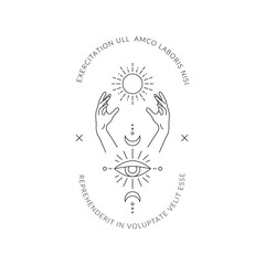 Boho hand drawn magic logo. Minimal bohemian mystic linear hands moon sun eye esoteric tattoo symbols, vector illustration