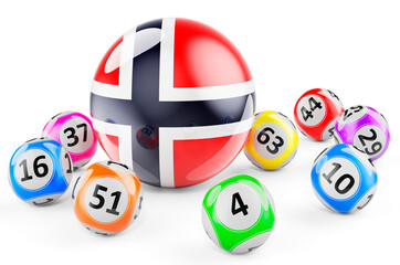 Lotto balls with Norwegian flag. Lottery in Norway concept, 3D rendering