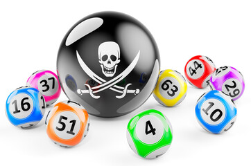 Lotto balls with piracy black flag. Illegal lottery concept, 3D rendering