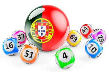Lotto balls with Portuguese flag. Lottery in Portugal concept, 3D rendering