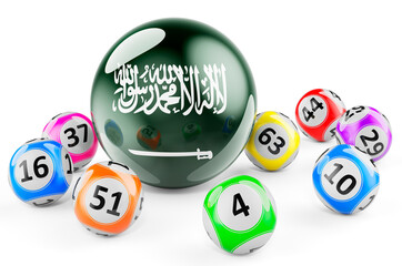 Lotto balls with Saudi Arabian flag. Lottery in Saudi Arabia concept, 3D rendering