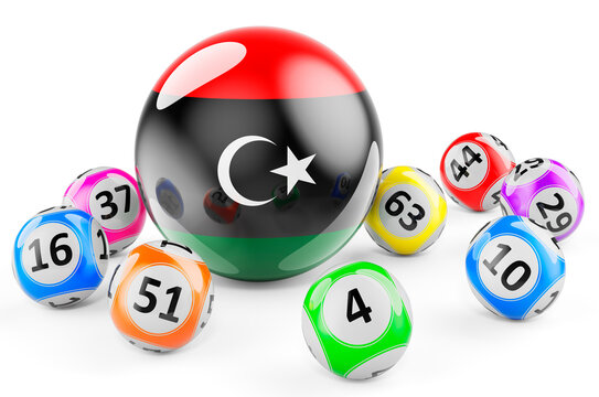 Lotto balls with Libyan flag. Lottery in Libya concept, 3D rendering