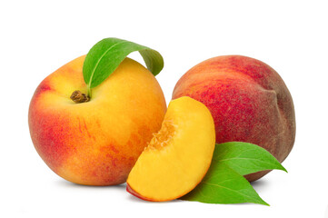Naklejka na ściany i meble Ripe sweet peaches and slices isolated on white background. Fresh fruits.