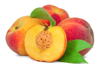 Ripe sweet peaches and slices isolated on white background. Fresh fruits.