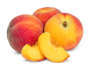 Fototapeta na wymiar Ripe sweet peaches and slices isolated on white background. Fresh fruits.