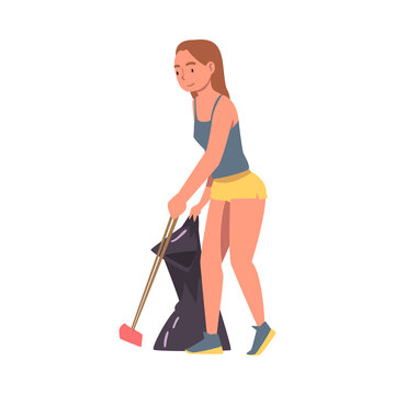Girl Volunteer Collecting Trash into Bag on Beach, Ecology Protection Concept Cartoon Vector Illustration