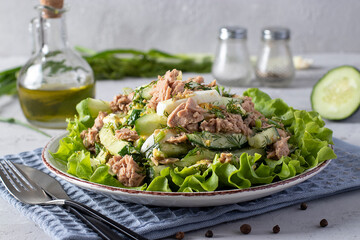 Salad with canned tuna, green onions, eggs and cucumber, seasoned with olive oil. Served on green lettuce leaves. Healthy food. Close-up
