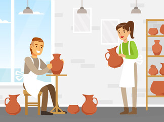 Man and Woman Potters Making Clay Pots at Workshop, Craft Hobby or Profession Vector Illustration