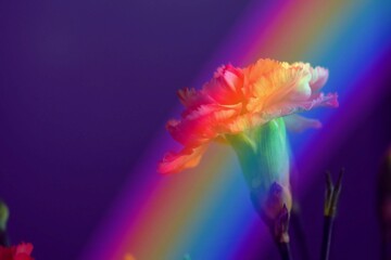 Fototapeta na wymiar rainbow colored background + many colors + rainbow illuminates or shines on the flower + rainbow flower + carnation flower + Dianthus caryophyllus + energetic + space for text + diversity + LGBT