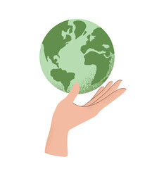 Vector illustration of human hand holding Earth globe, Concept of World Environment Day, Save the Earth, sustainability, ecological zero waste lifestyle, nature protection
